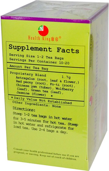 補充劑，adaptogen，涼茶 - Health King, Astragalus Immunity Herb Tea, 20 Tea Bags, 1.20 oz (34 g)