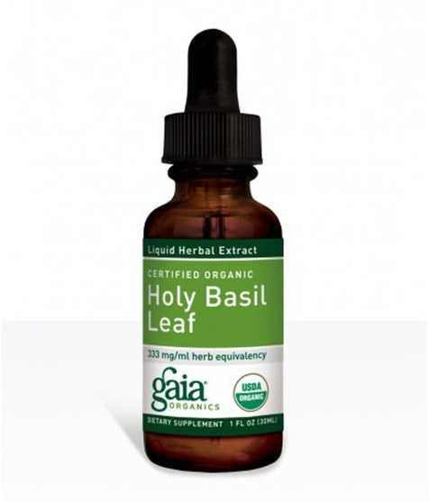 補品，adaptogen，聖羅勒 - Gaia Herbs, Certified Organic Holy Basil Leaf, 1 fl oz (30 ml)