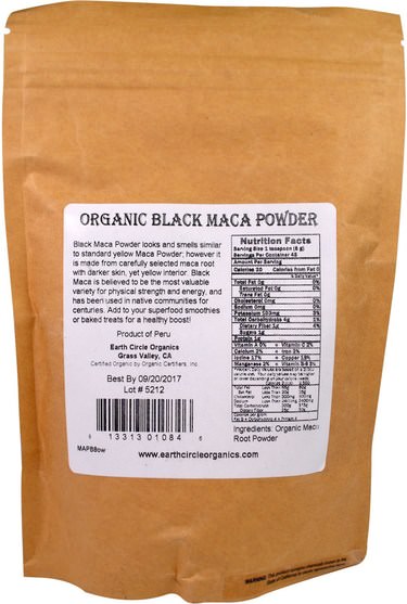 補充劑，adaptogen，男性，瑪卡 - Earth Circle Organics, Raw Organic Black Maca Powder, 8 oz (227 g)