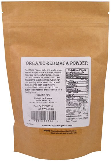 補充劑，adaptogen，男性，瑪卡 - Earth Circle Organics, Raw Organic Red Maca Powder, 8 oz (227 g)