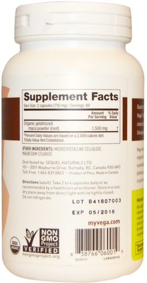 補充劑，adaptogen，男性，瑪卡 - Vega, Maca, 750 mg, 120 Veggie Caps