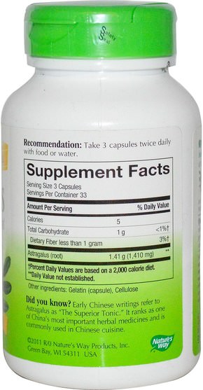 補充劑，adaptogen - Natures Way, Astragalus Root, 470 mg, 100 Capsules