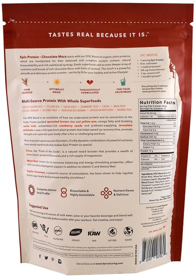 補充劑，adaptogen，蛋白質 - Sprout Living, Epic Protein, Chocolate Maca, 1 lb (454 g)