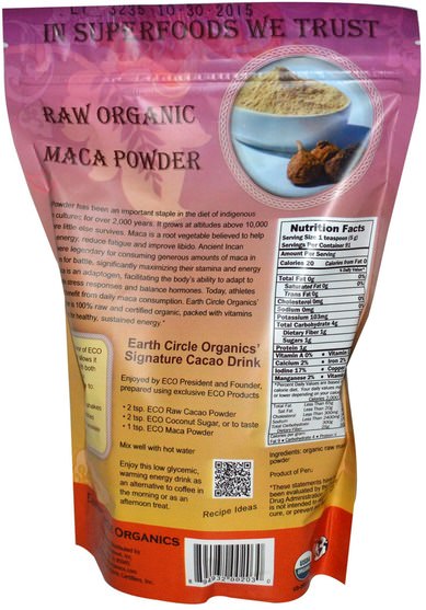 補品，adaptogen，超級食品 - Earth Circle Organics, Raw Organic Maca Powder, 16 oz (454 g)