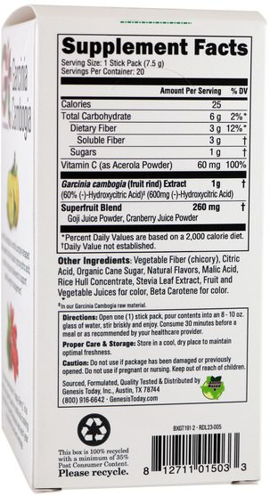 補品，適應原，體重管理 - Genesis Today, Garcinia Cambogia, Superfruit Drink Mix, Goji Cranberry Flavor, 20 Stick Packs, 0.26 oz (7.5 g) Each