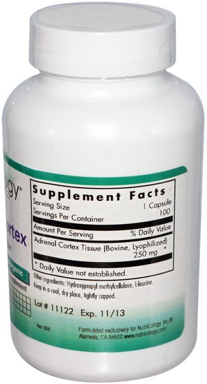 補充劑，腎上腺，牛產品 - Nutricology, Adrenal Cortex, 100 Veggie Caps
