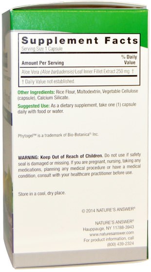 補充劑，蘆薈，蘆薈帽凝膠帽 - Natures Answer, Aloe Vera Phytogel, 250 mg, 90 Vegetarian Capsules
