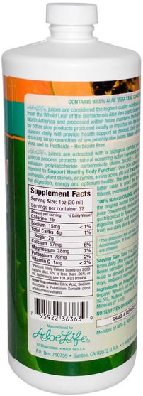 補充劑，蘆薈，蘆薈液 - Aloe Life International, Inc, Aloe Vera & 100% Natural Juices for Children & Adults, Orange Papaya, 32 fl oz (1 Quart)