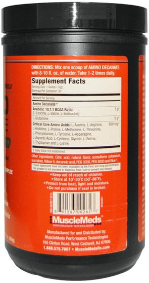 補充劑，氨基酸，氨基酸組合，運動，運動 - MuscleMeds, Amino Decanate, Professional Strength Amino Acid Formula, Citrus Lime, 12.7 oz (360 g)