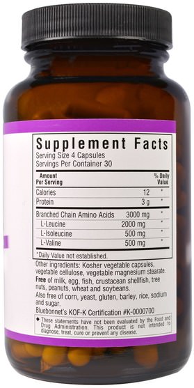 補充劑，氨基酸，bcaa（支鏈氨基酸） - Bluebonnet Nutrition, BCAAs 4:1:1 Ratio (Branched Chain Amino Acids), 120 Veggie Caps