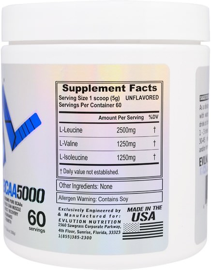 補充劑，氨基酸，bcaa（支鏈氨基酸） - EVLution Nutrition, BCAA 5000, Unflavored, 10.6 oz (300 g)