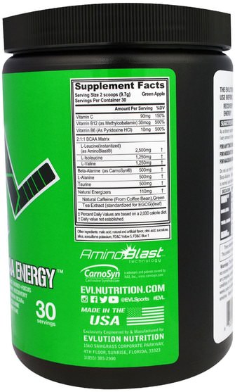 補充劑，氨基酸，bcaa（支鏈氨基酸） - EVLution Nutrition, BCAA Energy, Green Apple, 10.2 oz (291 g)