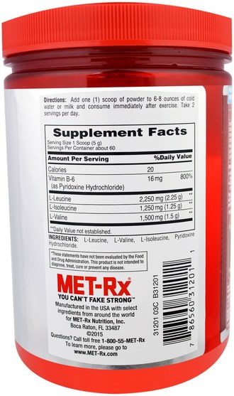 補充劑，氨基酸，bcaa（支鏈氨基酸） - MET-Rx, BCAA 5000 Powder, Unflavored, 10.58 oz (300 g)