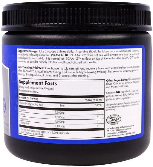 補充劑，氨基酸，bcaa（支鏈氨基酸） - MRM, BCAA+G, Lemonade, 0.396 lbs (180 g)