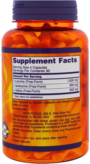 補充劑，氨基酸，bcaa（支鏈氨基酸） - Now Foods, Sports, Branched Chain Amino Acids, 120 Capsules