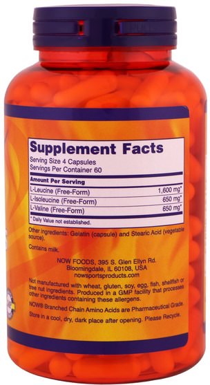 補充劑，氨基酸，bcaa（支鏈氨基酸） - Now Foods, Sports, Branched Chain Amino Acids, 240 Capsules