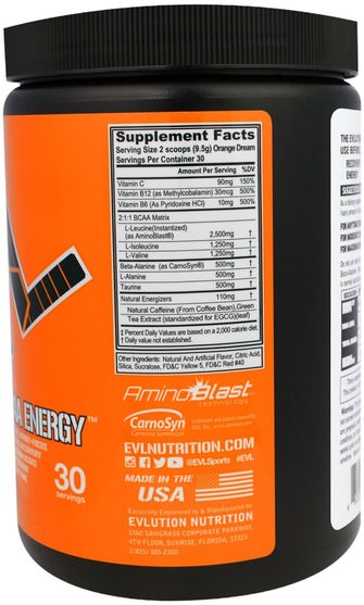 補充劑，氨基酸，bcaa（支鏈氨基酸），運動，肌肉 - EVLution Nutrition, BCAA Energy, Orange Dream, 10.01 oz (285 g)