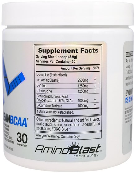 補充劑，氨基酸，bcaa（支鏈氨基酸），運動，肌肉 - EVLution Nutrition, Lean BCAA, Blue Raz, 9.4 oz (267 g)