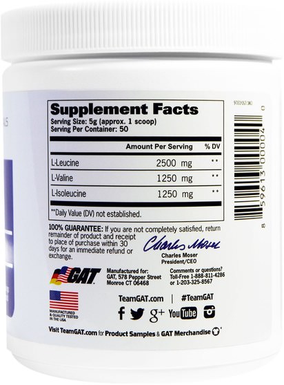 補充劑，氨基酸，bcaa（支鏈氨基酸），運動，肌肉 - GAT, BCAA Powder, Unflavored, 8.8 oz (250 g)