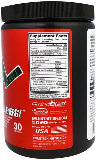 補充劑，氨基酸，bcaa（支鏈氨基酸），運動，運動 - EVLution Nutrition, BCAA Energy, Cherry Limeade, 9.9 oz (282 g)