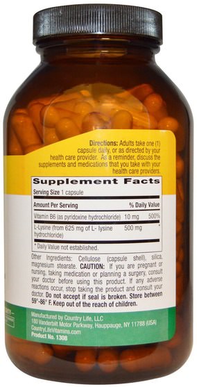 補充劑，氨基酸 - Country Life, L-Lysine Caps, 500 mg, 250 Veggie Caps