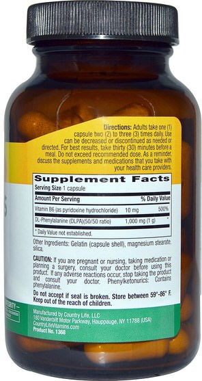 補充劑，氨基酸，dl苯丙氨酸（dlpa） - Country Life, DLPA Caps, 1000 mg, 60 Capsules