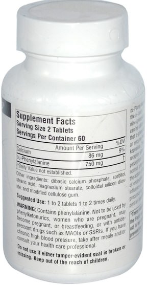 補充劑，氨基酸，dl苯丙氨酸（dlpa） - Source Naturals, DLPA, 375 mg, 120 Tablets