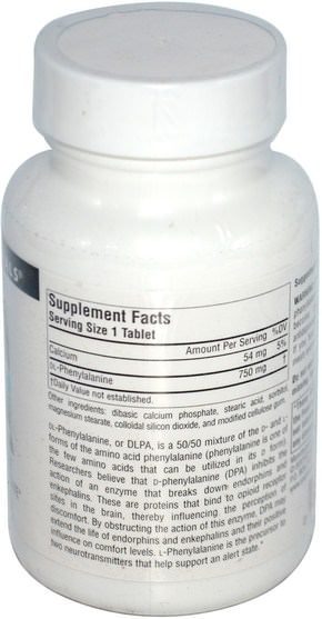 補充劑，氨基酸，dl苯丙氨酸（dlpa） - Source Naturals, DLPA, 750 mg, 60 Tablets