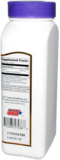 補充劑，氨基酸，精氨酸 - 21st Century, L-Arginine, Maximum Strength, 1000 mg, 100 Tablets