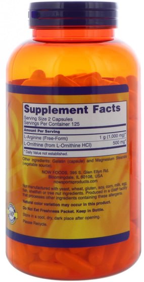 補充劑，氨基酸，精氨酸，精氨酸+ l鳥氨酸 - Now Foods, Sports, Arginine & Ornithine, 500/250, 250 Capsules