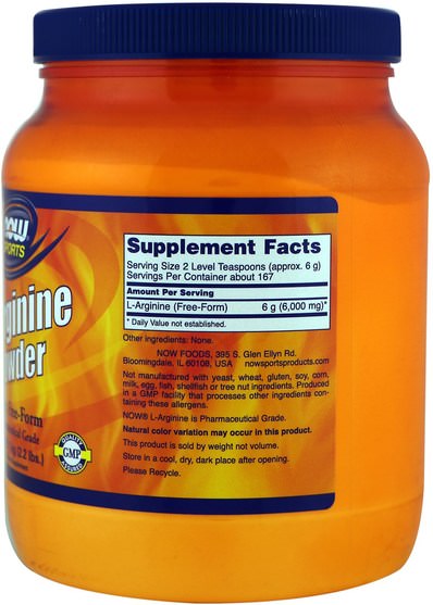 補充劑，氨基酸，精氨酸，精氨酸粉末 - Now Foods, Sports, L-Arginine Powder, 1 kg (2.2 lbs)