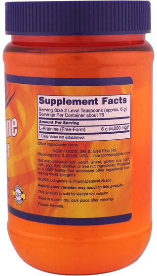 補充劑，氨基酸，精氨酸，精氨酸粉末 - Now Foods, Sports, L-Arginine Powder, 1 lb (454 g)