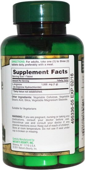補充劑，氨基酸，精氨酸 - Natures Bounty, L-Arginine, 1000 mg, 50 Tablets