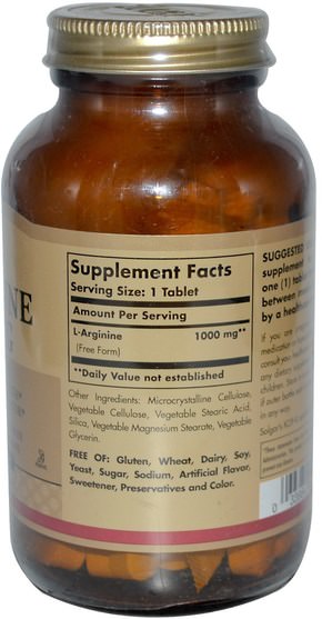 補充劑，氨基酸，精氨酸 - Solgar, L-Arginine, 1000 mg, 90 Tablets