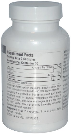 補充劑，氨基酸，精氨酸 - Source Naturals, L-Arginine, Free Form, 500 mg, 100 Capsules