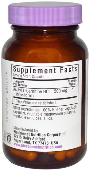 補充劑，氨基酸，左旋肉鹼，乙酰左旋肉鹼 - Bluebonnet Nutrition, Acetyl L-Carnitine, 500 mg, 60 Vcaps