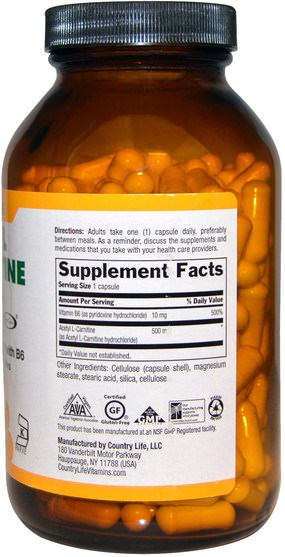 補充劑，氨基酸，左旋肉鹼，乙酰左旋肉鹼 - Country Life, Acetyl L-Carnitine Caps, 500 mg, 240 Vegetarian Capsules