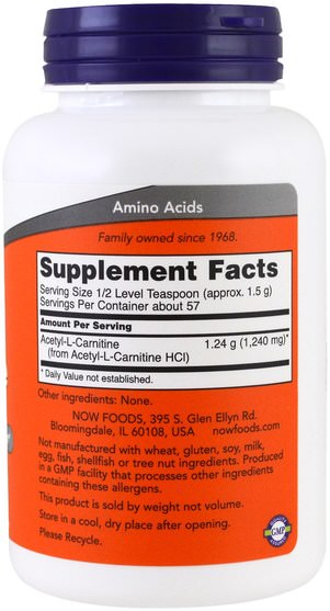 補充劑，氨基酸，左旋肉鹼，乙酰左旋肉鹼 - Now Foods, Acetyl-L-Carnitine, 3 oz (85 g)