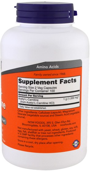 補充劑，氨基酸，左旋肉鹼，乙酰左旋肉鹼 - Now Foods, Acetyl-L Carnitine, 500 mg, 200 Veg Capsules