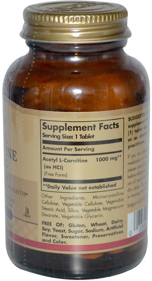 補充劑，氨基酸，左旋肉鹼，乙酰左旋肉鹼 - Solgar, Acetyl L-Carnitine, 1000 mg, 30 Tablets