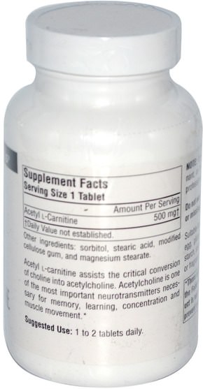 補充劑，氨基酸，左旋肉鹼，乙酰左旋肉鹼 - Source Naturals, Acetyl L-Carnitine, 500 mg, 120 Tablets