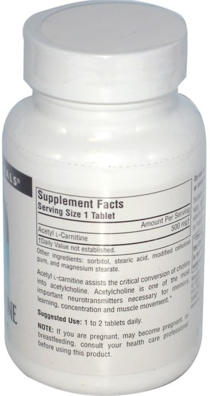 補充劑，氨基酸，左旋肉鹼，乙酰左旋肉鹼 - Source Naturals, Acetyl L-Carnitine, 500 mg, 60 Tablets