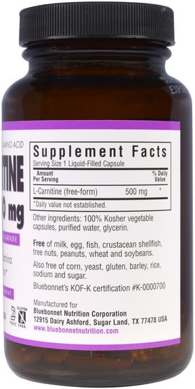 補充劑，氨基酸，左旋肉鹼 - Bluebonnet Nutrition, L-Carnitine, 500 mg, 100 Licaps