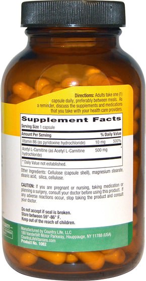 補充劑，氨基酸，左旋肉鹼 - Country Life, Acetyl L-Carnitine Caps, 500 mg, 120 Vegan Capsules