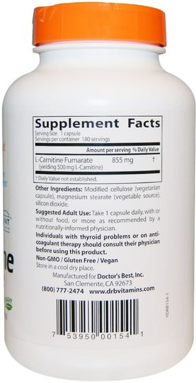 補充劑，氨基酸，左旋肉鹼，左旋肉鹼 - Doctors Best, Best L-Carnitine Fumarate, 855 mg, 180 Veggie Caps