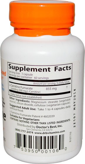 補充劑，氨基酸，左旋肉鹼，左旋肉鹼 - Doctors Best, Best L-Carnitine Fumarate, 855 mg, 60 Veggie Caps