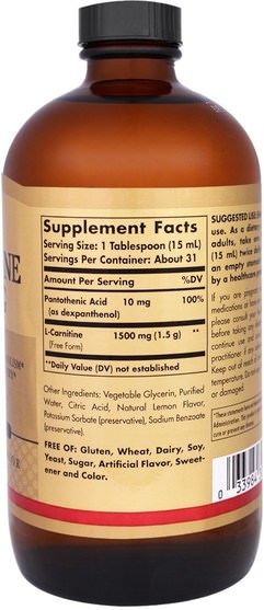 補充劑，氨基酸，左旋肉鹼，左旋肉鹼液 - Solgar, L-Carnitine, Natural Lemon Flavor, 1500 mg, 16 fl oz (473 ml)