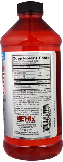 補充劑，氨基酸，左旋肉鹼，左旋肉鹼液，運動，肌肉 - MET-Rx, Liquid L-Carnitine 1500, Natural Watermelon Flavor, 16 fl oz (473 ml)