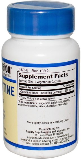 補充劑，氨基酸，左旋肉鹼 - Life Extension, L-Carnitine, 500 mg, 30 Veggie Caps