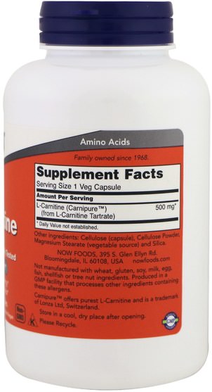 補充劑，氨基酸，左旋肉鹼 - Now Foods, L-Carnitine, 500 mg, 180 Veg Capsules